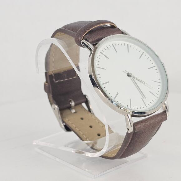 Women's Quartz Watch White Dial Brown Faux Leather Band Silver Case 40mm - Picture 6 of 12